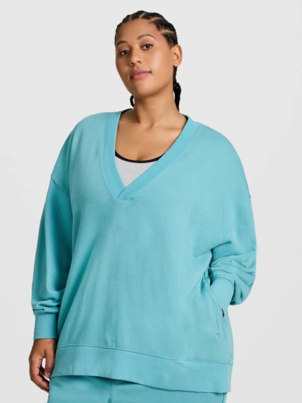 Champion Women's Long Sleeve V-Neck French Terry Pullover - Teal Blue